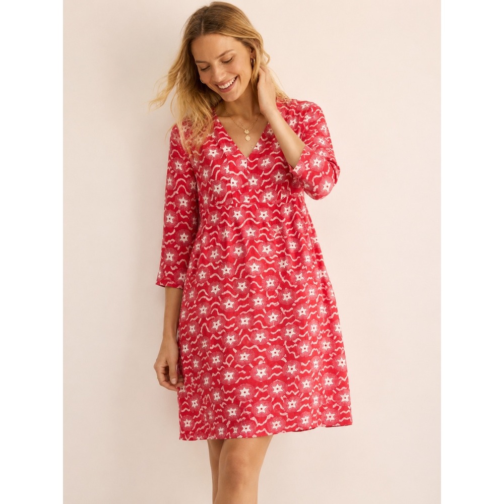 Boden 100% Linen V-Neck Mini Dress 3/4 Sleeve Red White Star Print Size 6 NWT